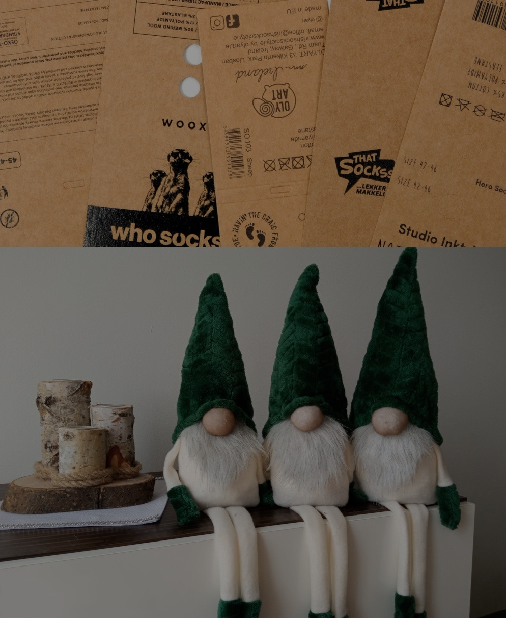 etykiety drukowane na papierze brązowym kraft oraz dekoracyjne skrzaty świąteczne